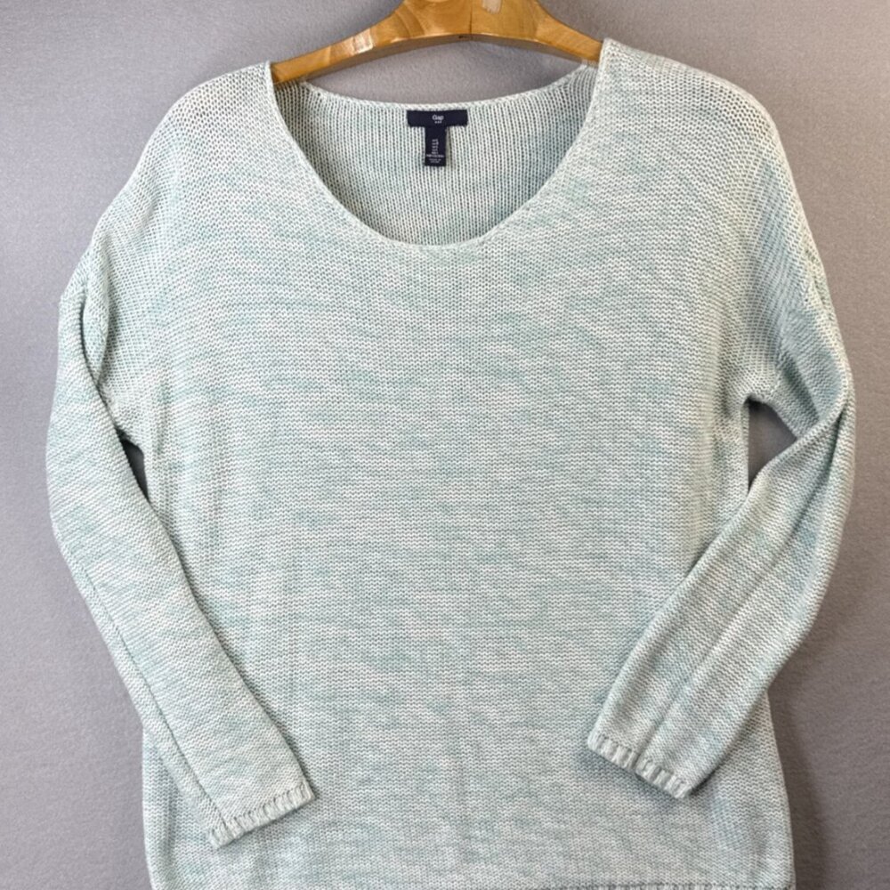 Gap Textured Knit Pullover Sweater Woman's L Cotton Long Sleeve Mint Silver Cozy